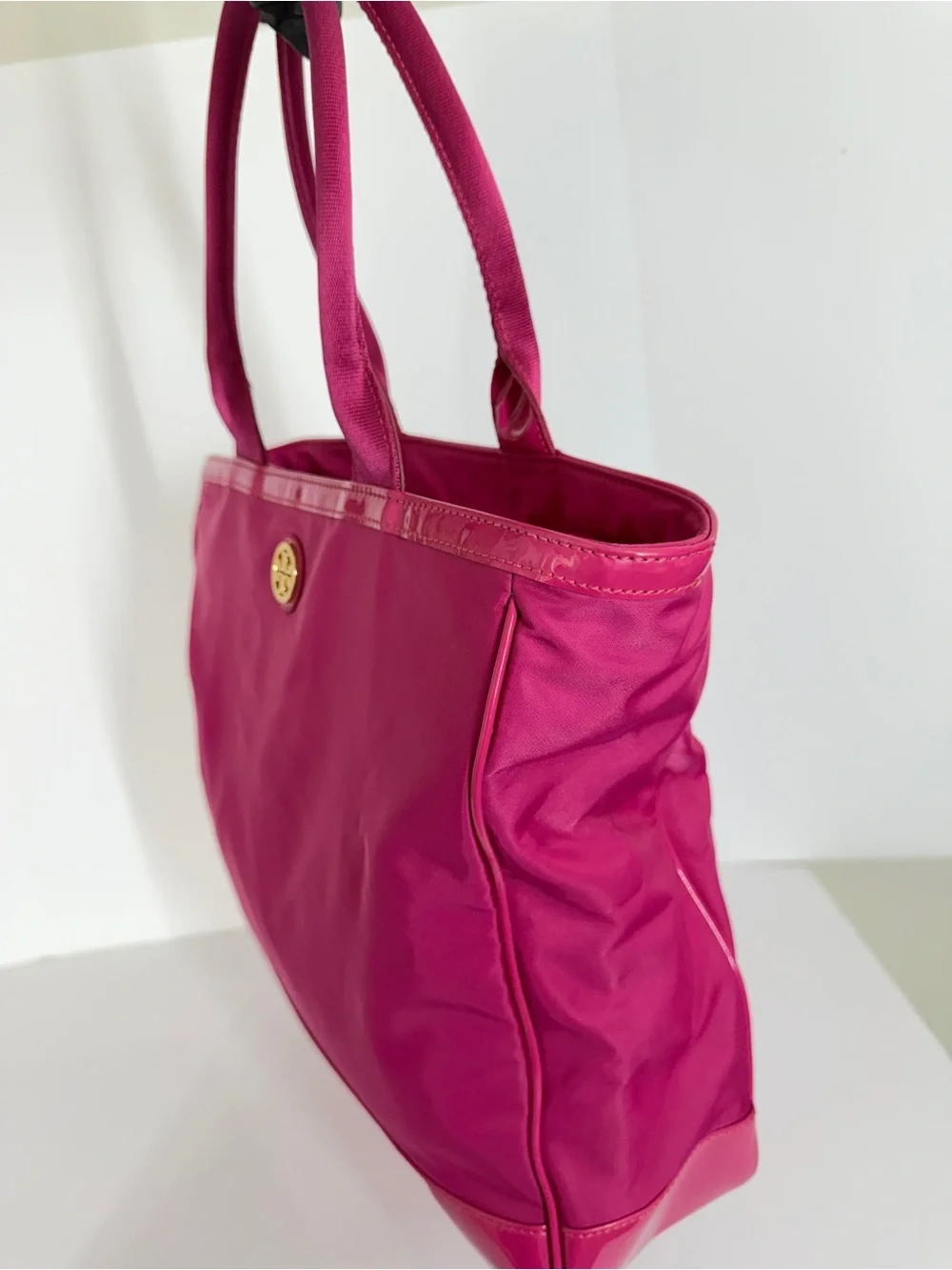 Tory Burch Womens Nylon Tote Bag Hot Pink Patent Trim Handbag Travel Work Casual